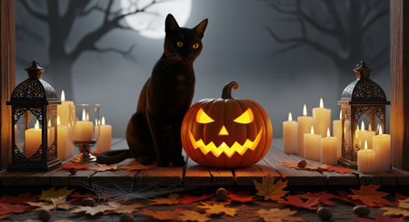 Halloween background with cat, pumpkins and candles. 3d renderingの素材