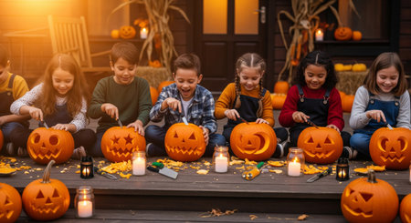 A group of joyful children are sitting outside and carving pumpkins for the Halloween celebration event. They are using knives and tools to create unique and spooky designs in their pumpkins. The atmosphere is festive and filled with excitement.の素材