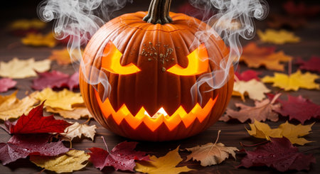 A spooky Halloween jack-o-lantern with glowing eyes and mouth, surrounded by colorful autumn leaves and wisps of smoke. Perfect for Halloween designs, fall themes, and spooky season projects.の素材