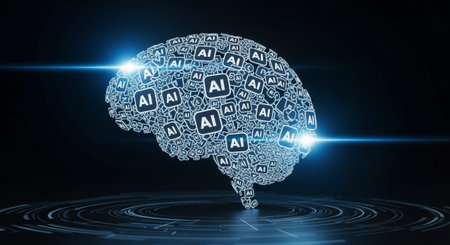 A brain shape filled with AI symbols, illuminated by bright light streaks, resting on a surface with circular patterns, symbolizing artificial intelligence.の素材