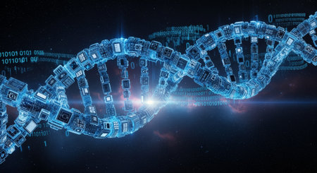 A digital rendering of a DNA helix, symbolizing genetic information and technological advancements in science and medicine. The image features a bright, futuristic design.の素材