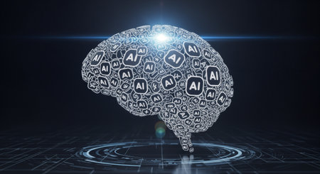 A digital brain made of AI icons symbolizes artificial intelligence, innovation, and the future of technology in a modern, abstract design.の素材