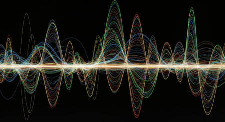 An abstract visualization of waveforms, showcasing dynamic patterns of light and sound, creating a mesmerizing and modern aesthetic on a dark background.の素材