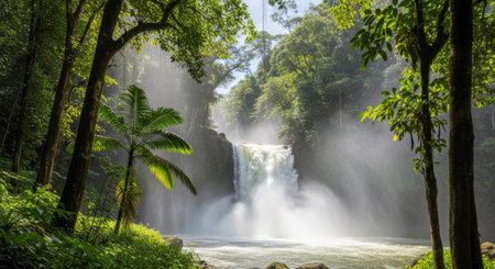 A stunning waterfall plunges into a pool, surrounded by vibrant green trees and foliage, creating a serene and picturesque natural landscape.の素材