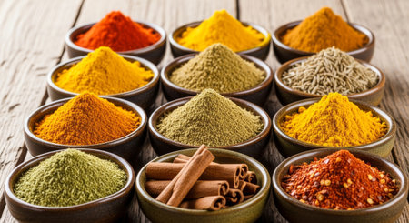 A vibrant collection of spices in small bowls, showcasing a variety of colors and textures, arranged on a rustic wooden surface, perfect for culinary themes.の素材