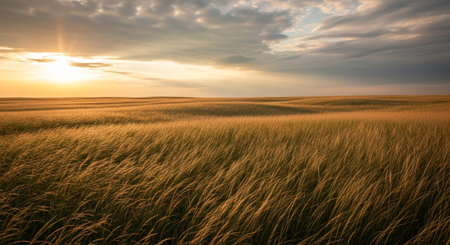 A tranquil scene of a golden prairie bathed in the warm light of the setting sun, with tall grass swaying gently under a cloudy sky.の素材