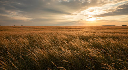 A picturesque landscape featuring a field of wheat swaying in the wind under a dramatic, cloudy sky at sunset, creating a warm and serene atmosphere.の素材