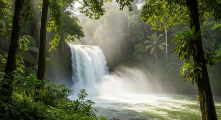 A stunning waterfall plunges into a pool surrounded by vibrant green foliage in a tropical forest, creating a serene and picturesque scene.の素材