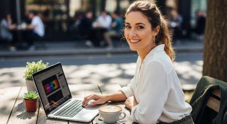 A smiling woman works on her laptop at an outdoor cafe, enjoying a coffee and the pleasant atmosphere.の素材