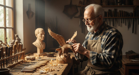 An elderly artisan meticulously carves a wooden eagle sculpture in his sunlit workshop, surrounded by tools and wood shavings, showcasing his dedication to the craft.の素材