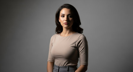 A studio portrait of a confident woman with a neutral expression, captured against a gray background. She is wearing a beige top and gray pants.の素材