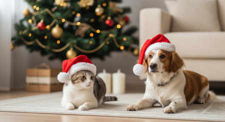 A charming scene of a cat and dog wearing Santa hats, lying on a rug in front of a decorated Christmas tree, creating a heartwarming holiday moment.の素材