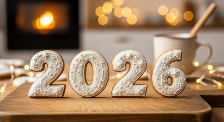 Delicious 2026 cookies decorated with white icing, set against a warm, blurred background with a fireplace and soft bokeh lights, perfect for New Years celebrations.の素材