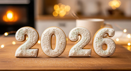 Close-up of iced cookies spelling out 2026 on a wooden table, celebrating the upcoming New Year with a warm, festive background.の素材