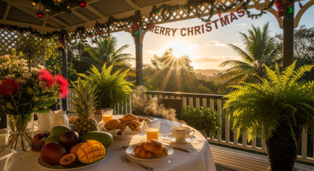 A festive Christmas breakfast scene with tropical fruits and pastries on a veranda overlooking the ocean at sunrise, adorned with Christmas decorations.の素材