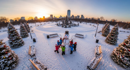 A group of people gather in a snow-covered park, surrounded by trees and benches, with a city skyline in the background at sunset.の素材