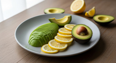 A plate featuring sliced avocados and lemons, showcasing a healthy and refreshing food combination. The vibrant colors and textures create an appealing visual.の素材