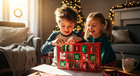 Two young children, a boy and a girl, excitedly open an advent calendar in a cozy living room decorated for Christmas, with a tree and festive lights.の素材