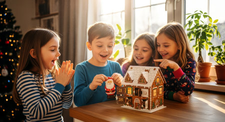 Four excited children gather around a gingerbread house, decorating it with festive ornaments and creating a joyful Christmas scene in a cozy home setting.の素材