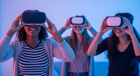Three smiling women are wearing VR headsets, exploring virtual reality with excitement and joy in a vibrant, modern setting.の素材