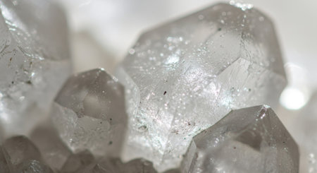 A detailed close-up showcases the intricate formations of clear quartz crystals, highlighting their transparency and geometric shapes against a soft, blurred background.の素材