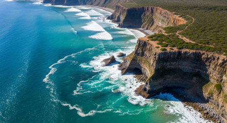 Aerial view of the rugged coastline of Sagres, Portugal, featuring dramatic cliffs, turquoise waters, and crashing waves. A stunning landscape showcasing the natural beauty of the region.の素材