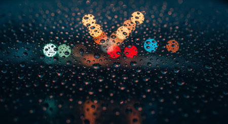 Abstract view through a rain-covered window, showcasing blurred city lights creating a colorful and dreamy atmosphere. The water droplets enhance the bokeh effect.の素材