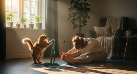 A woman stretches while seated on the floor in a sunlit room, as her ginger cat playfully interacts with her exercise band.の素材