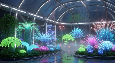 A vibrant greenhouse showcases an array of glowing, otherworldly plants, illuminated by soft, neon lights, creating a surreal and futuristic botanical display.の素材