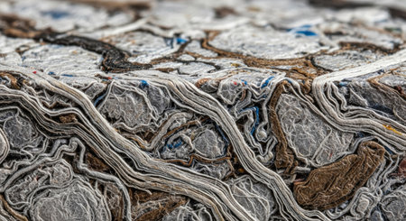 A detailed close-up shot of compressed waste material, revealing intricate layers and textures, highlighting recycling and environmental concerns.の素材