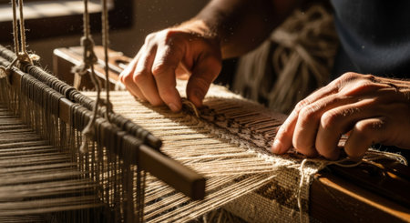 A close-up shot of hands meticulously weaving threads on a traditional loom, showcasing the intricate process of textile creation.の素材
