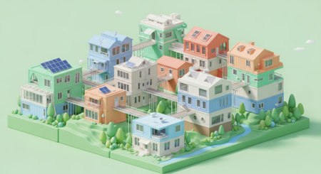 A vibrant 3D render showcasing a sustainable cityscape with colorful houses, solar panels, and lush greenery, promoting eco-friendly living and community.の素材