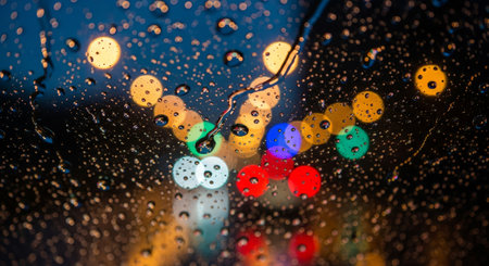Raindrops on a window obscure the city lights, creating a blurred and atmospheric view of the urban landscape at night.の素材