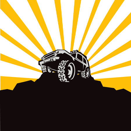 Jeep stands on the hill behind it the sun shinesのイラスト素材