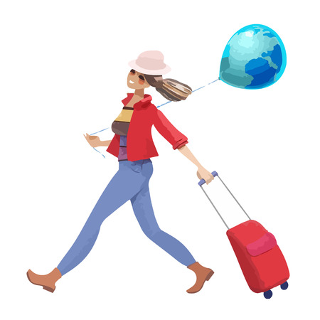 she embarks on a journey with a suitcase on wheels with a ball with the image of the earthのイラスト素材