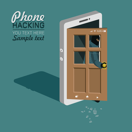 Hackers broke into the phone, broke the glass and opened the doorのイラスト素材
