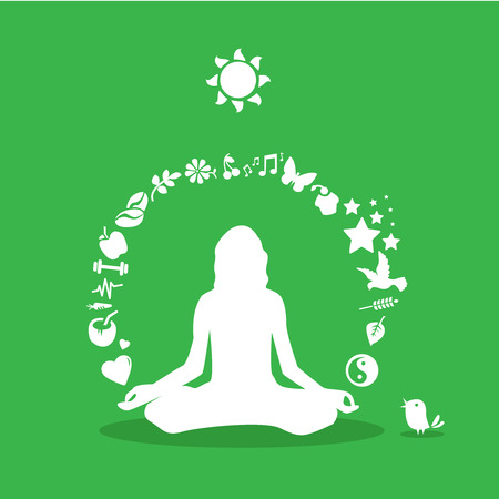 Yoga girl silhouette, yoga icons-healthy lifestyle meditation,healthy productsのイラスト素材