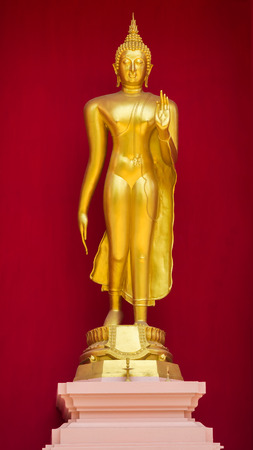 Golden Buddha in standing position on red background.の写真素材