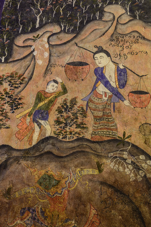 Nan, Thailand - 2016-12-24 : Painting murals People living in northern Thailand ancient times, Tells the story of a former native of Thailand Lue. at Phumin temple, Nan province.のeditorial素材