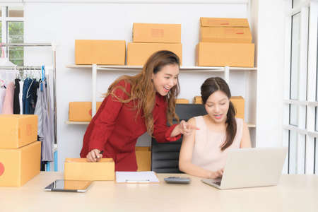 Two young business women are happily discussing online marketing plans in their home office.の写真素材