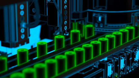 Lithium ion electric batteries, production line. Abstract image. 3D illustration. 3D rendering.の写真素材