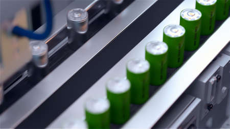Lithium conveter ion batteries. Close-up. Production of batteries. 3D illustration. 3D rendering.の写真素材
