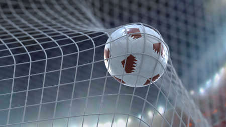 Soccer ball flies into the net. A close plan against the background of the stadium floodlights. 3D illustration.の写真素材
