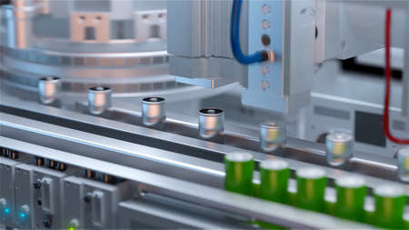 Production of lithium ion batteries. Battery factory. 3D illustration. 3D rendering.の写真素材