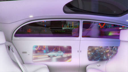 View of the empty interior of the car. Car on autopilot. Modern unmanned vehicle. 3d illustrationの写真素材