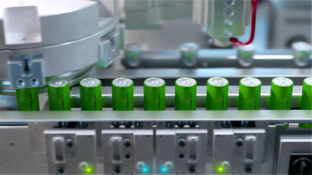 Conveer for the production of lithium ion battery. Stamping of batteries, application of protective coating. Close-up. 3D redering.の写真素材