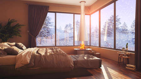 A hotel room with a bed and a large window with winter background 3d illustrationの写真素材