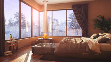 A hotel room with a bed and a large window with winter background 3d illustrationの写真素材