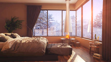 A hotel room with a bed and a large window with winter background 3d illustrationの写真素材