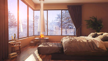 A hotel room with a bed and a large window with winter background 3d illustrationの写真素材
